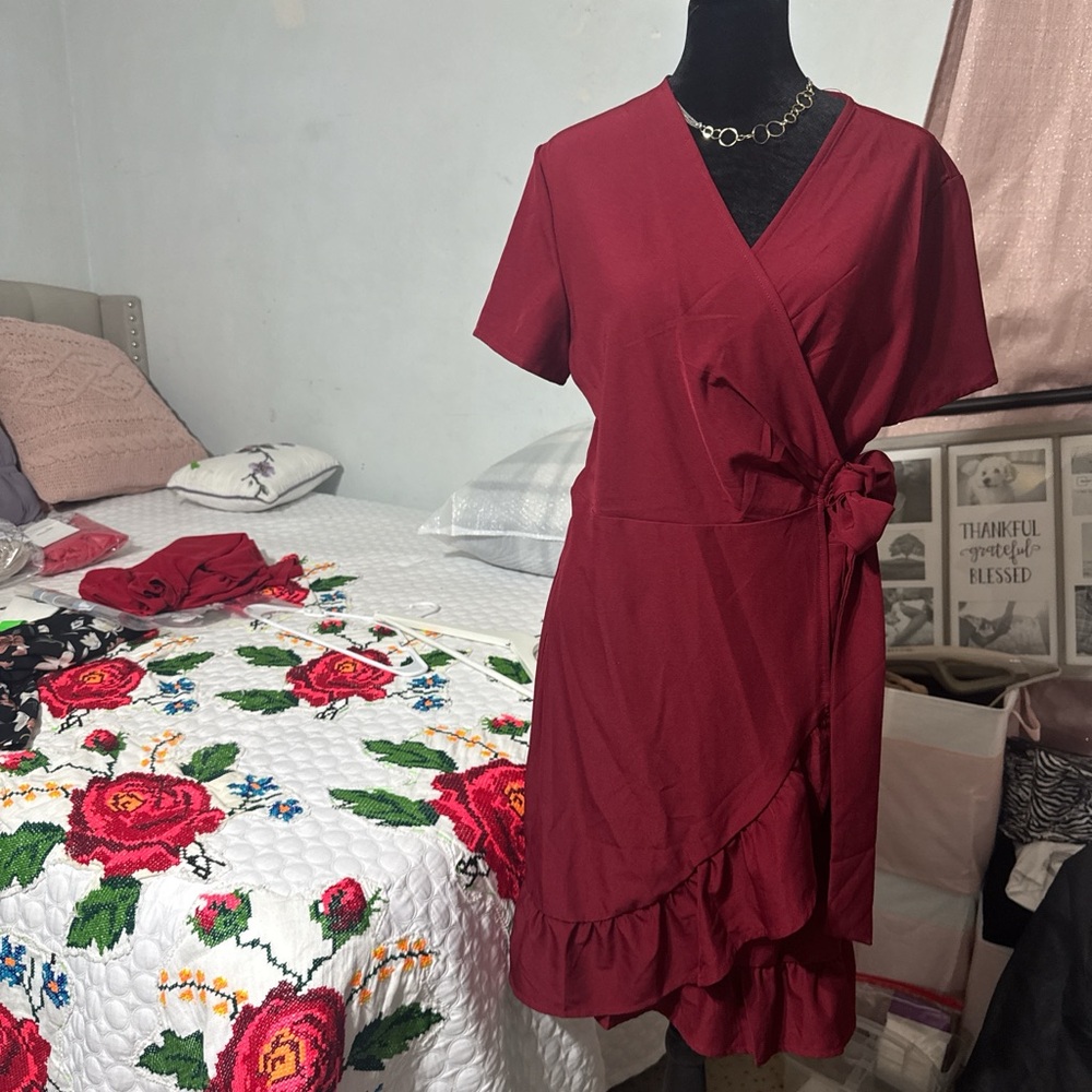 Tie-Waist Wrap Midi Dress in Burgundy